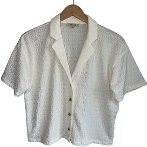 MADEWELL Crinkle Knit Button Front Top | Cream Short Sleeve Summer Blouse Small